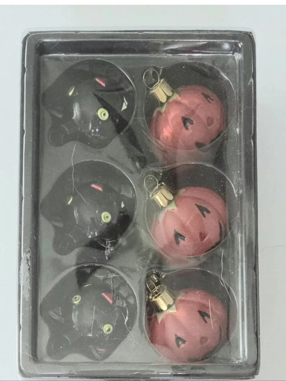 SET OF 6 HALLMARK BLOWN GLASS HALLOWEEN BLACK CATS & PUMPKINS ORNAMENTS 2003 NIB
